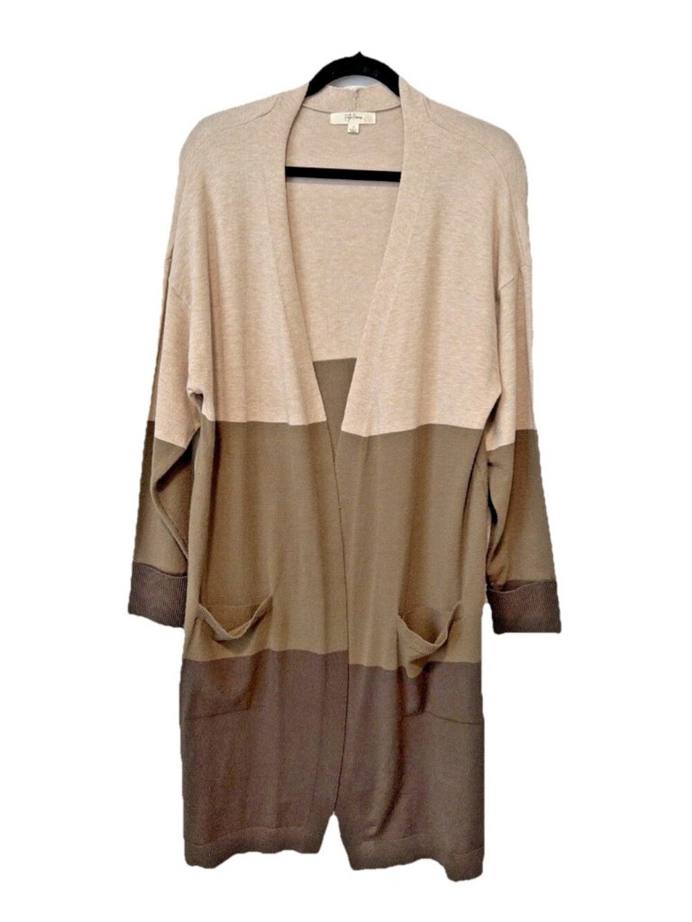 Peyton Primrose Womens 1X Colorblock Open Front Duster Cardigan Boho Neutral Tan